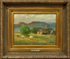 "THE OLD HOMESTEAD" SIZE: FRAME 21 X 25 CATTLE HOMESTEAD MOUNTAINS WESTERN