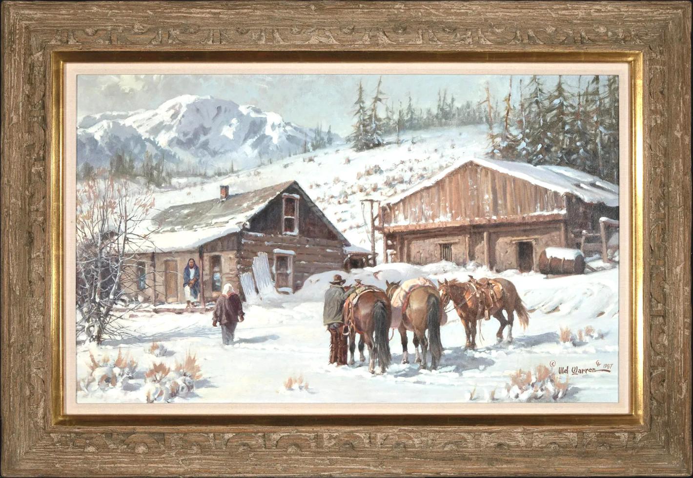 Melvin Warren Animal Painting - "TRAIL TO EAGLE NEST" WESTERN SNOW COWBOY ARTISTS OF AMERICA NICE! FRAME 32 X 46