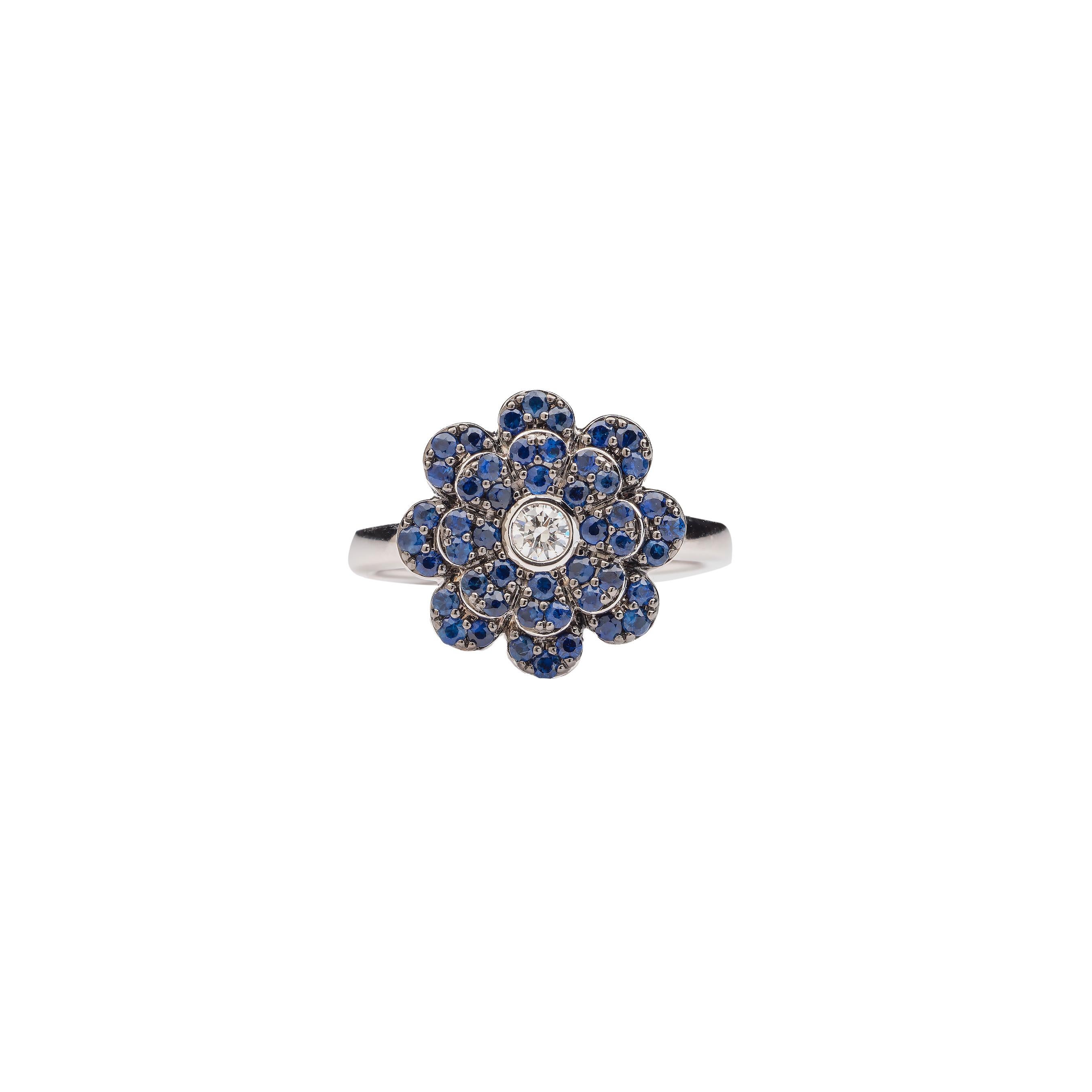 Brilliant Cut Memento Alternating Blue Sapphire and Diamond Flower Ring White Gold Medium For Sale
