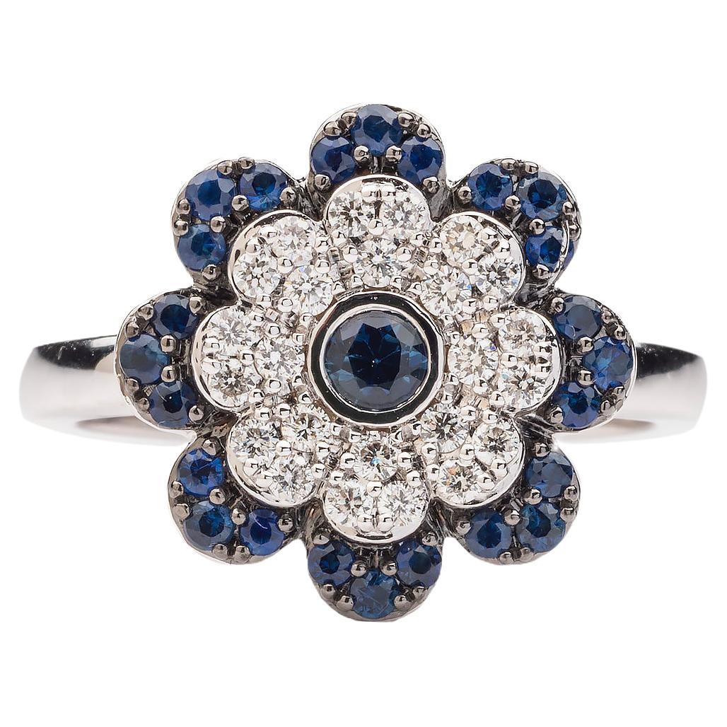 Memento Alternating Blue Sapphire and Diamond Flower Ring White Gold Medium For Sale