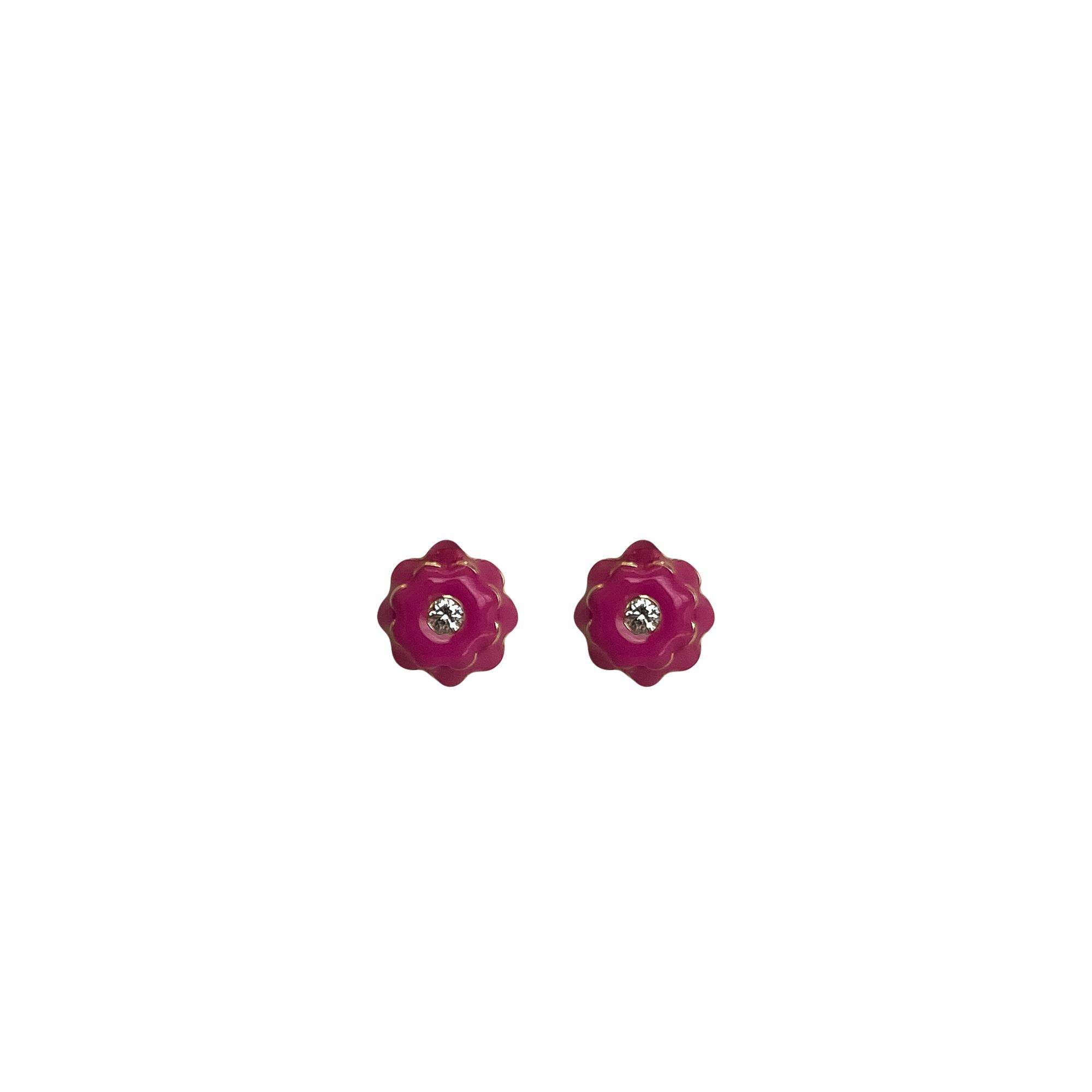 Memento Diamond and Pink Enamel Flower Earrings Mini For Sale 5