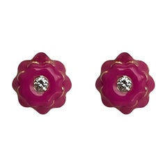 Mini-Ohrringe mit Diamant und rosa Emaille-Blume von Memento