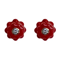 Memento Diamond and Red Enamel Flower Earrings and Pendant set ~10 mm size