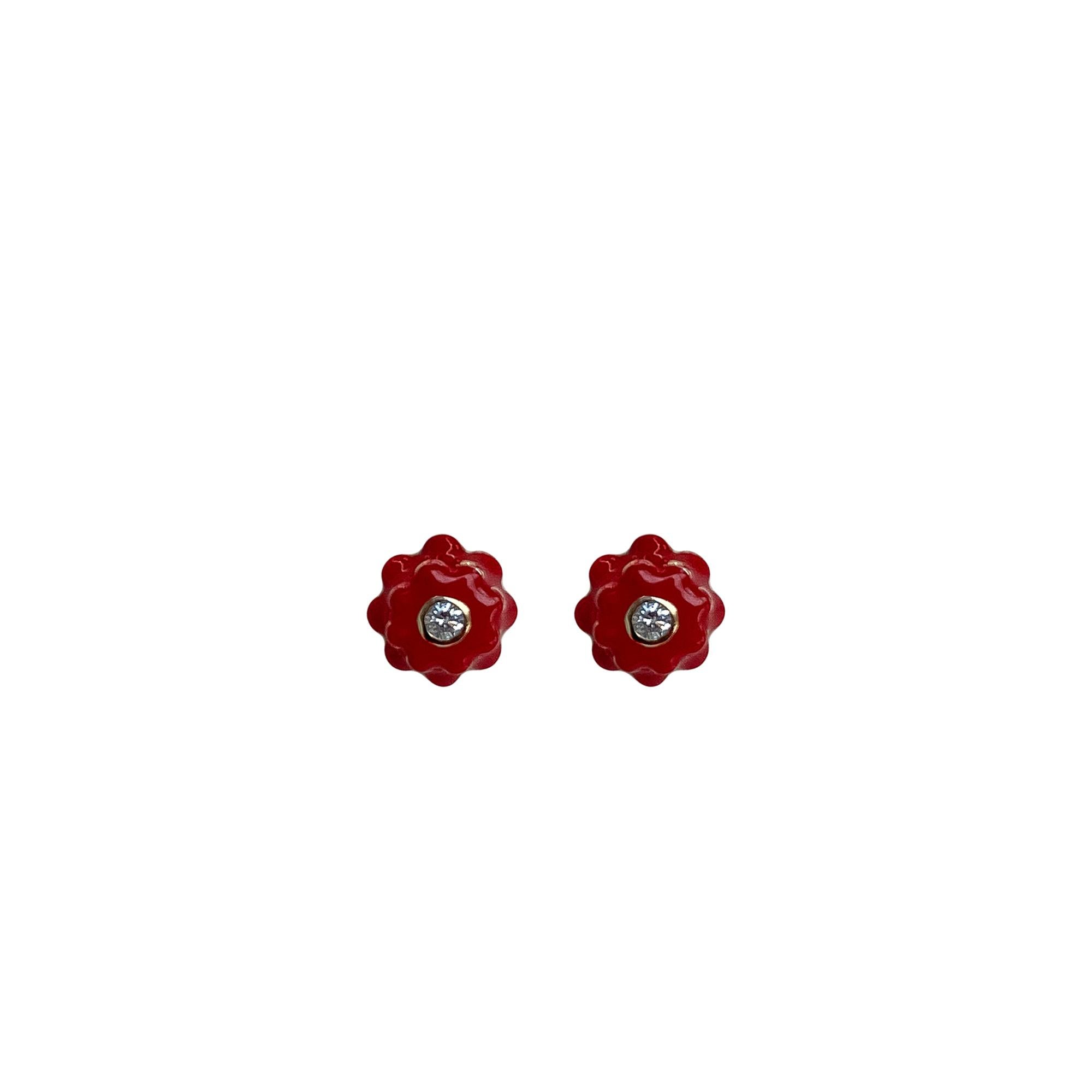 Memento Diamond and Red Enamel Flower Earrings Mini 6