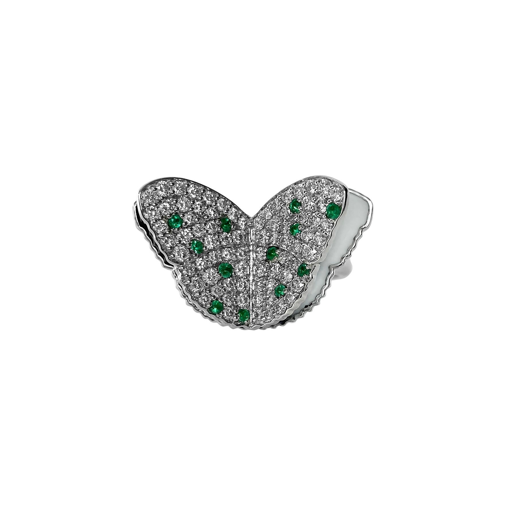 Women's or Men's Memento Diamond Emerald and Black and White enamel Butterfly Ring in White Gold  For Sale