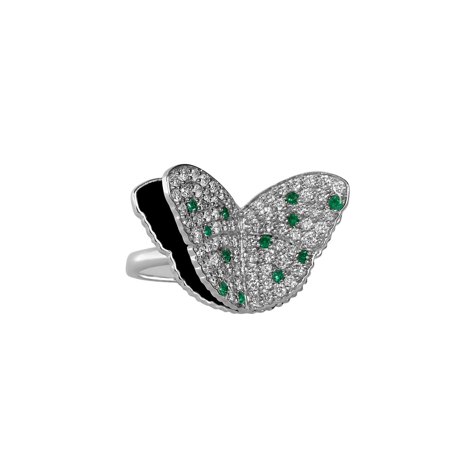 Memento Diamond Emerald and Black and White enamel Butterfly Ring in White Gold  For Sale 1