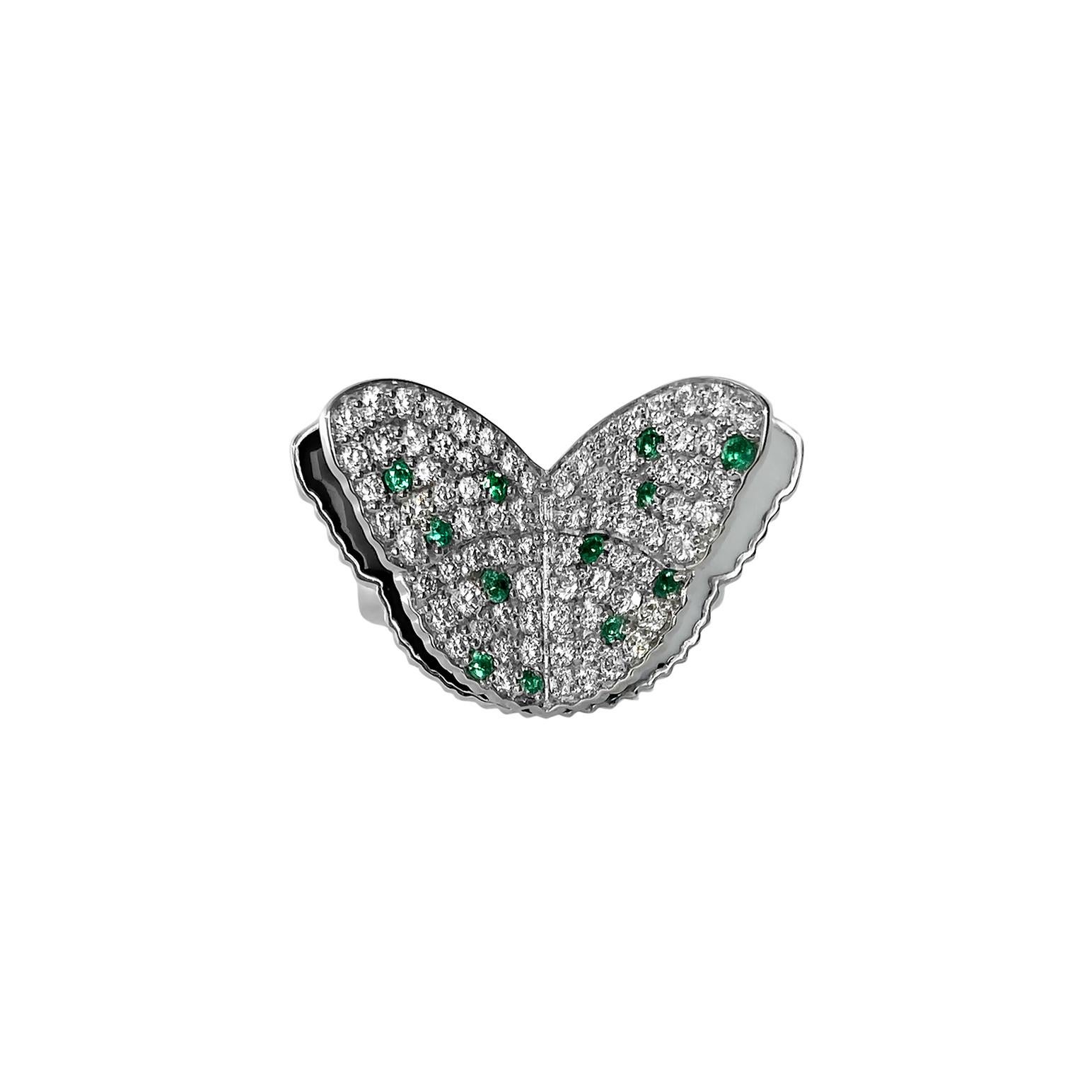 Memento Diamond Emerald and Black and White enamel Butterfly Ring in White Gold  For Sale 2