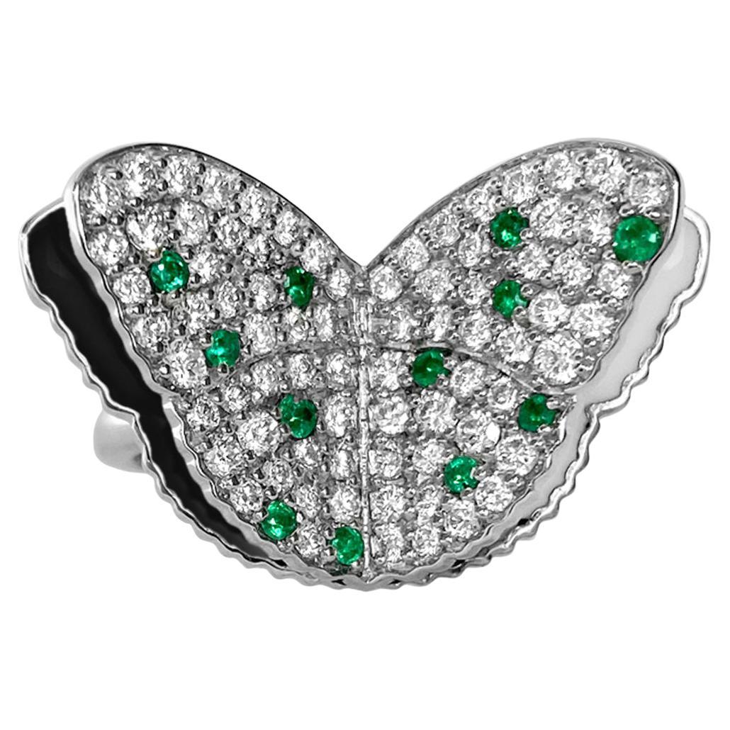 Memento Diamond Emerald and Black and White enamel Butterfly Ring in White Gold  For Sale