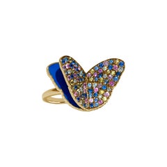 Memento Diamond Multi Sapp & Enamel Butterfly Ring in Yellow Gold Mega Custom