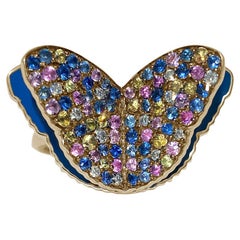 Memento Diamond Multi Sapphire and Enamel Butterfly Ring in Yellow Gold Mega