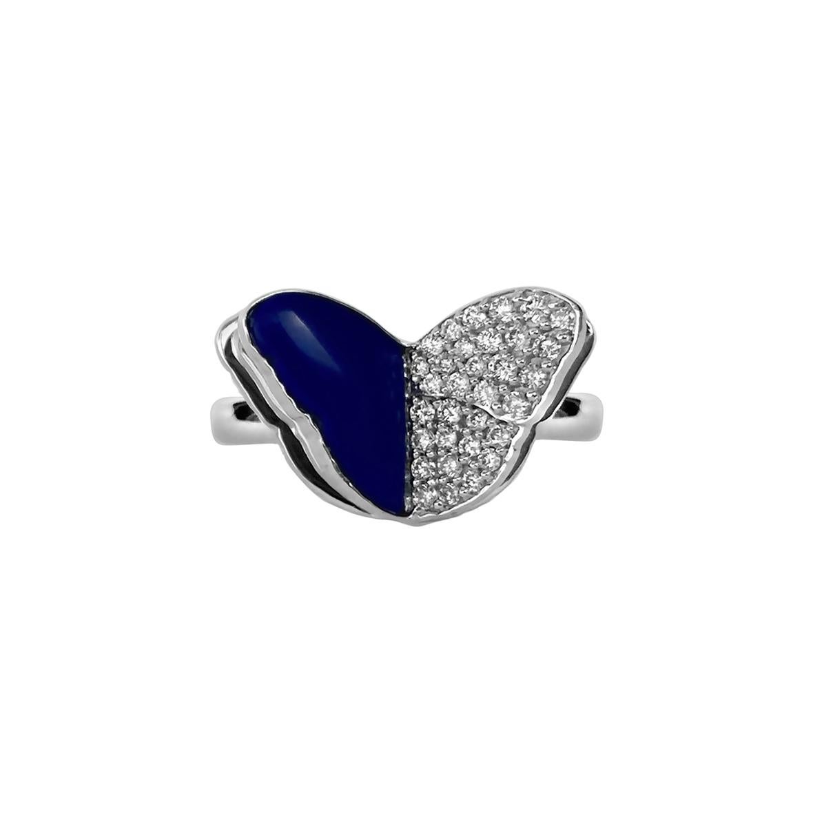 Memento Half Diamond, Half Lapis Butterfly Ring White Gold In New Condition For Sale In Houston, TX