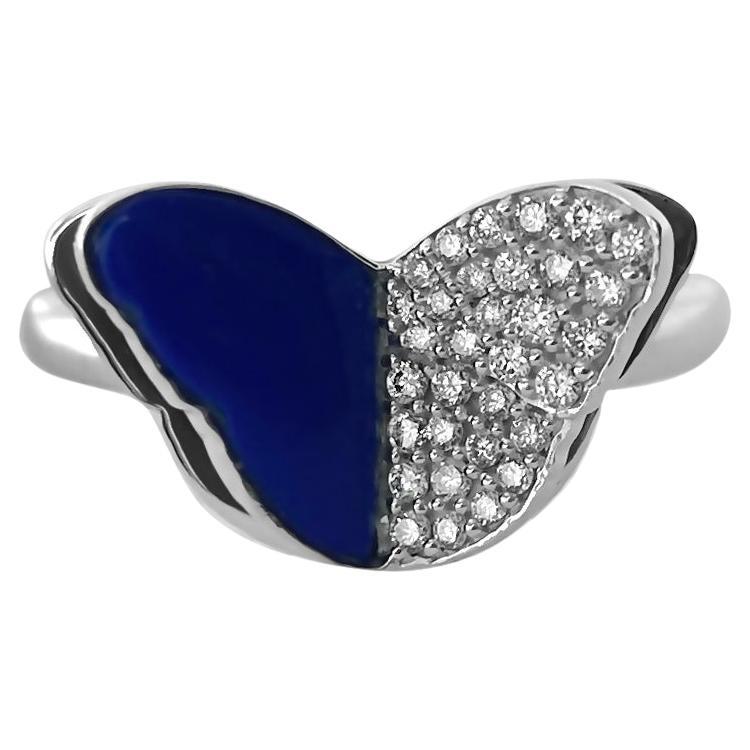 Memento Half Diamond, Half Lapis Butterfly Ring White Gold For Sale