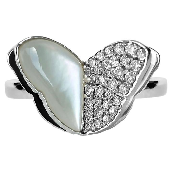 Memento Half Diamond, Half Mother of Pearl Butterfly Ring White Gold For Sale