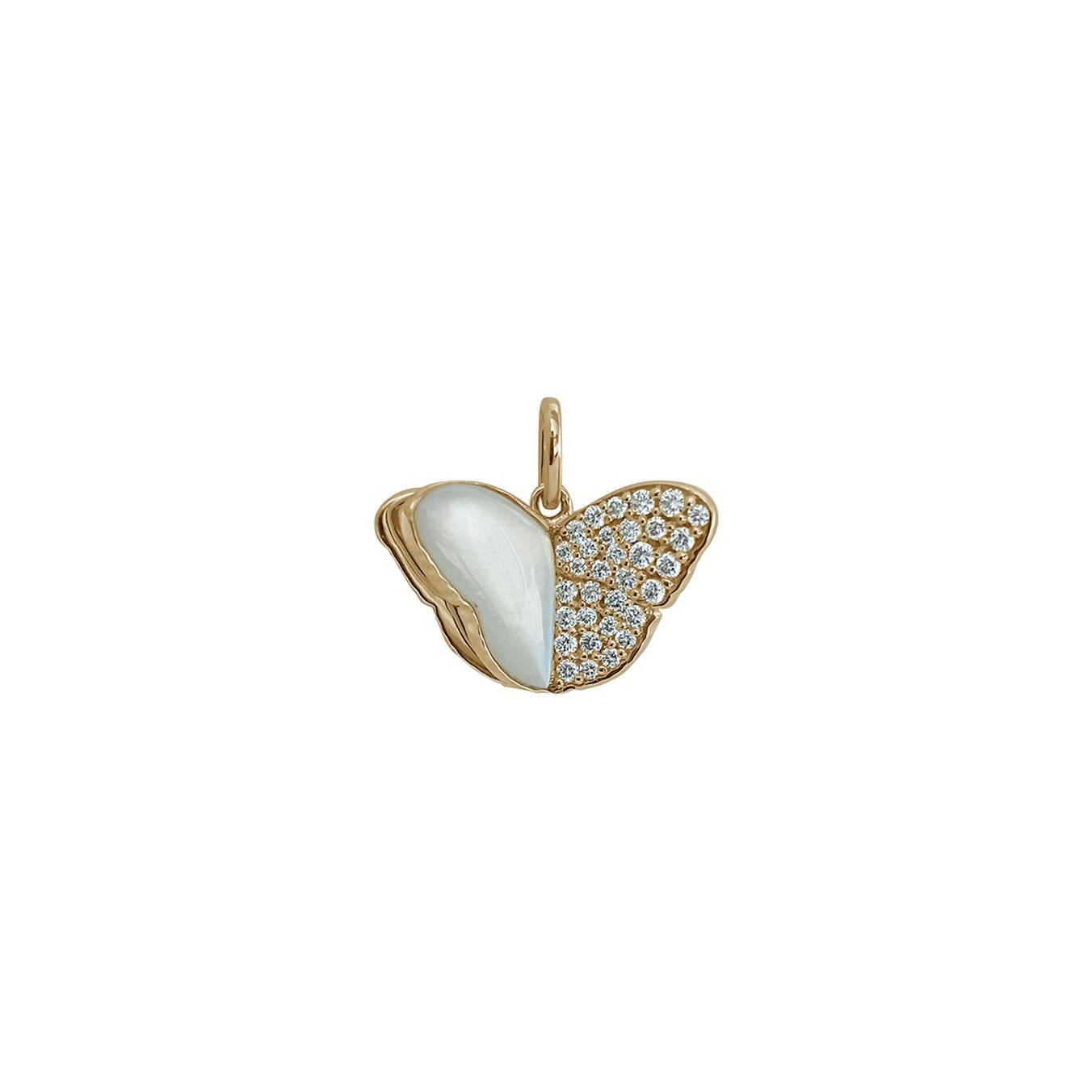 Brilliant Cut Memento Half Diamond, Half Mother of Pearl Butterfly Ring Yellow Gold For Sale