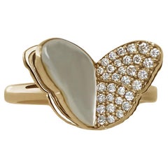 Memento Half Diamond, Half Mother of Pearl Butterfly Ring Yellow Gold