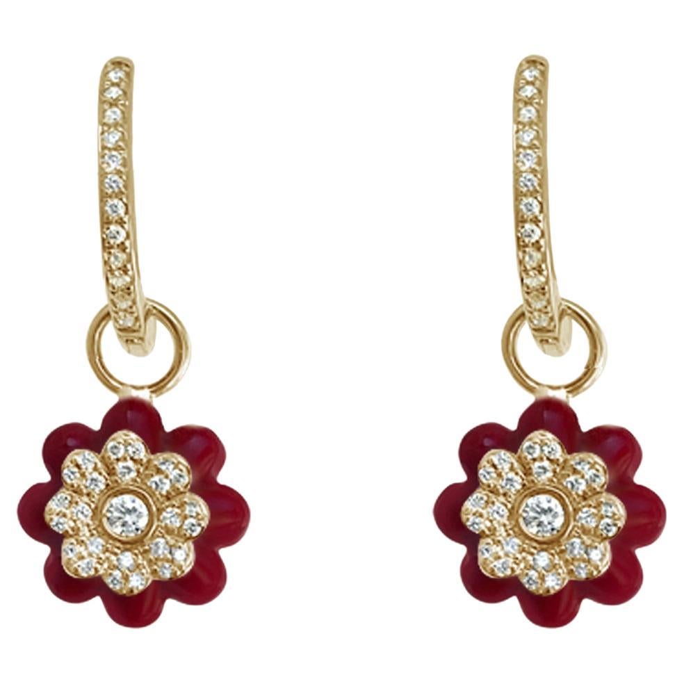 Memento Half Diamond Half Red Enamel Flower Dangle Earring in Yellow Gold Small