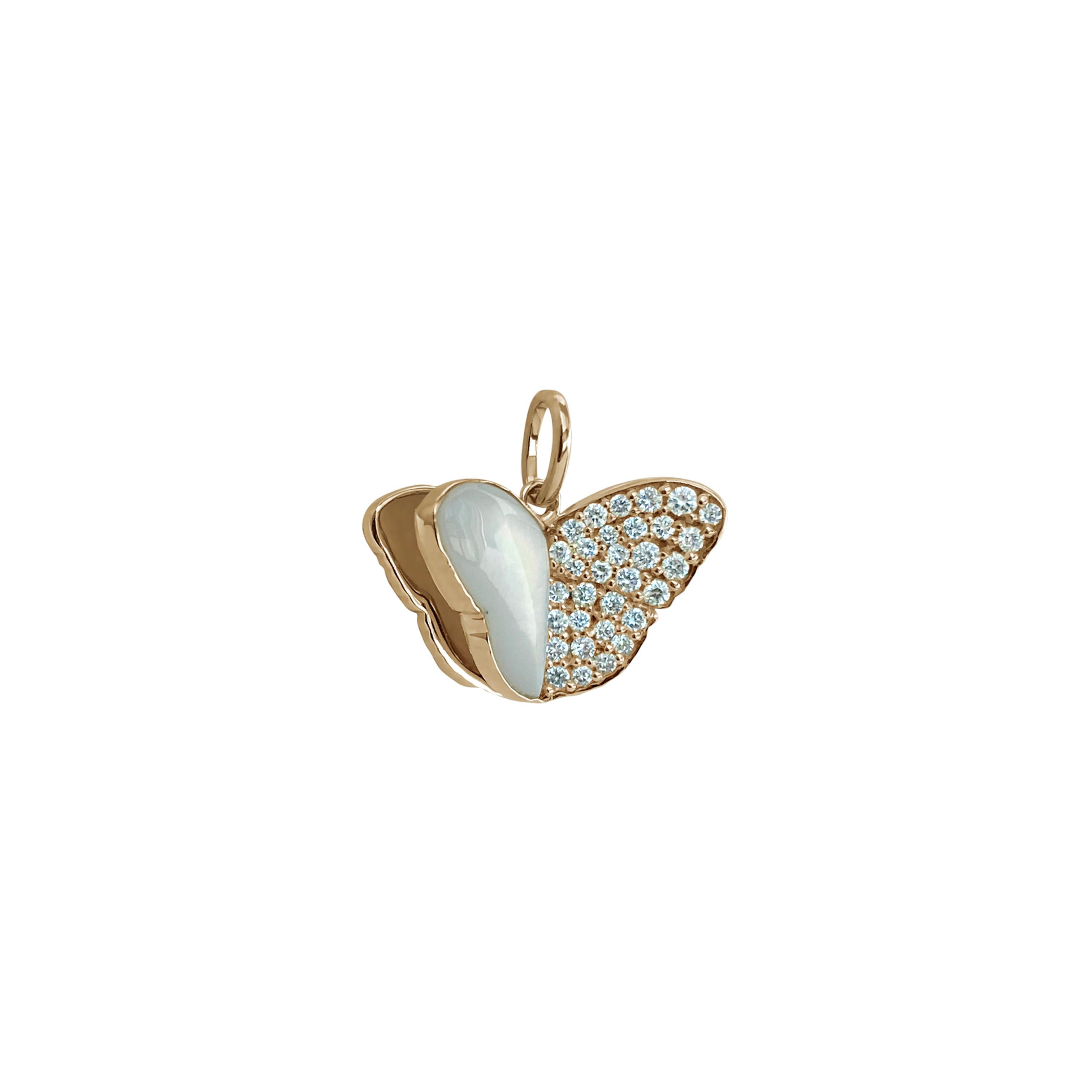 Memento Half Mother of Pearl- Half Diamond Butterfly Charm Pendant Yellow Gold In New Condition For Sale In Houston, TX
