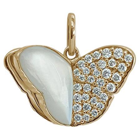 Memento Half Mother of Pearl- Half Diamond Butterfly Charm Pendant Yellow Gold For Sale