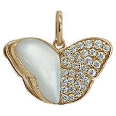 Memento Half Mother of Pearl- Half Diamond Butterfly Charm Pendant Yellow Gold