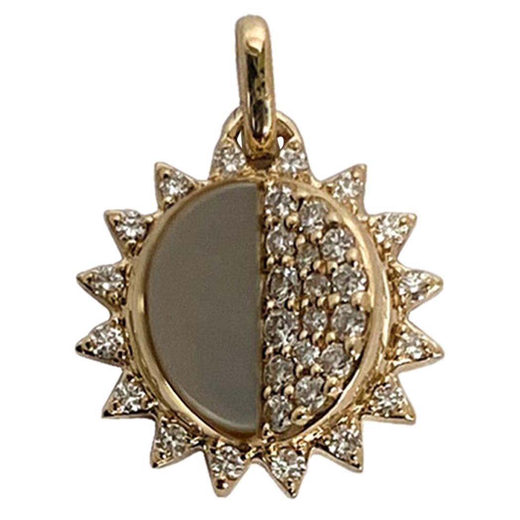 Memento Half Mother of Pearl, Half Diamond Sun with Pages Charm Pendant For Sale