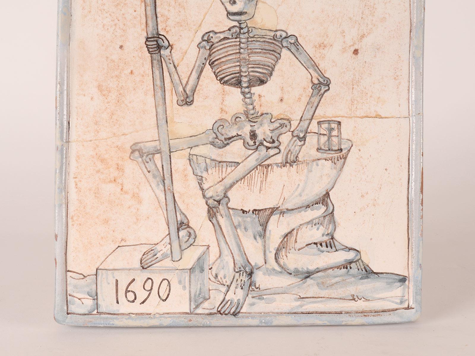 Memento mori: a skeleton, a scythe, an hourglass painted tile, Italy 1690. For Sale 5