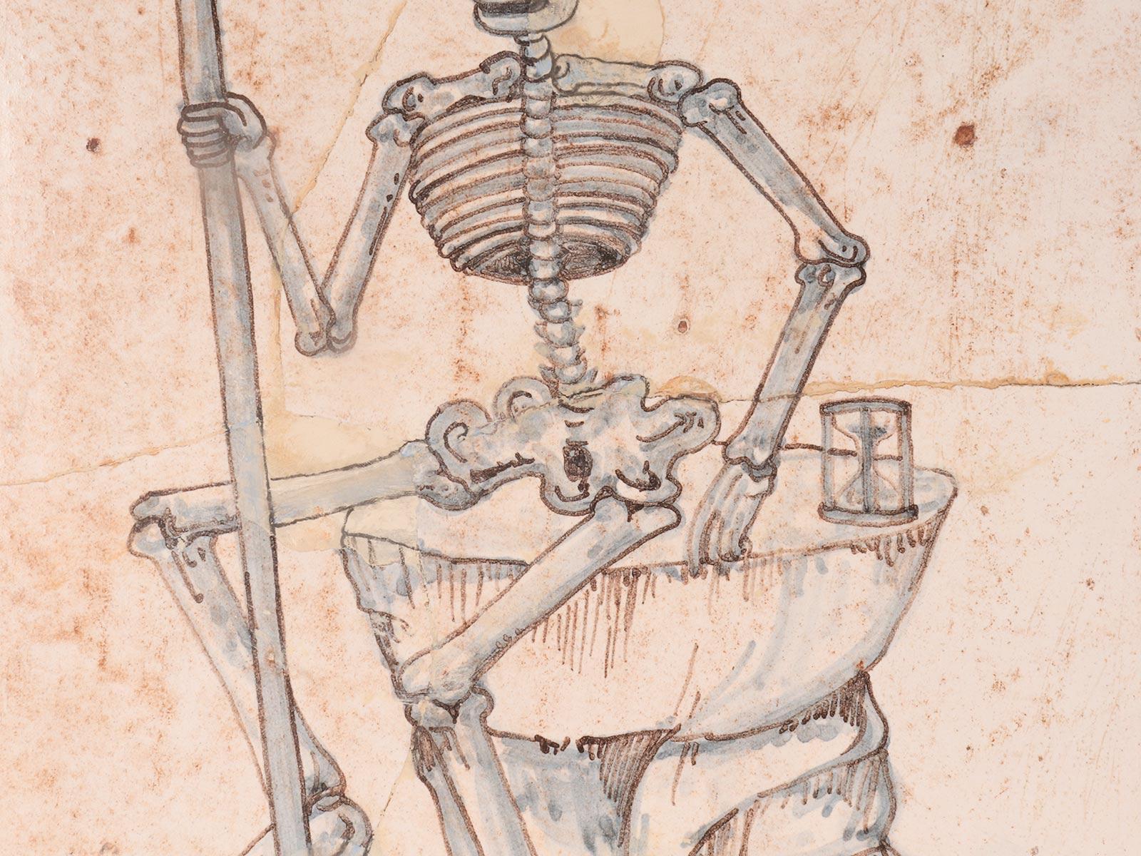 Memento mori: a skeleton, a scythe, an hourglass painted tile, Italy 1690. For Sale 7