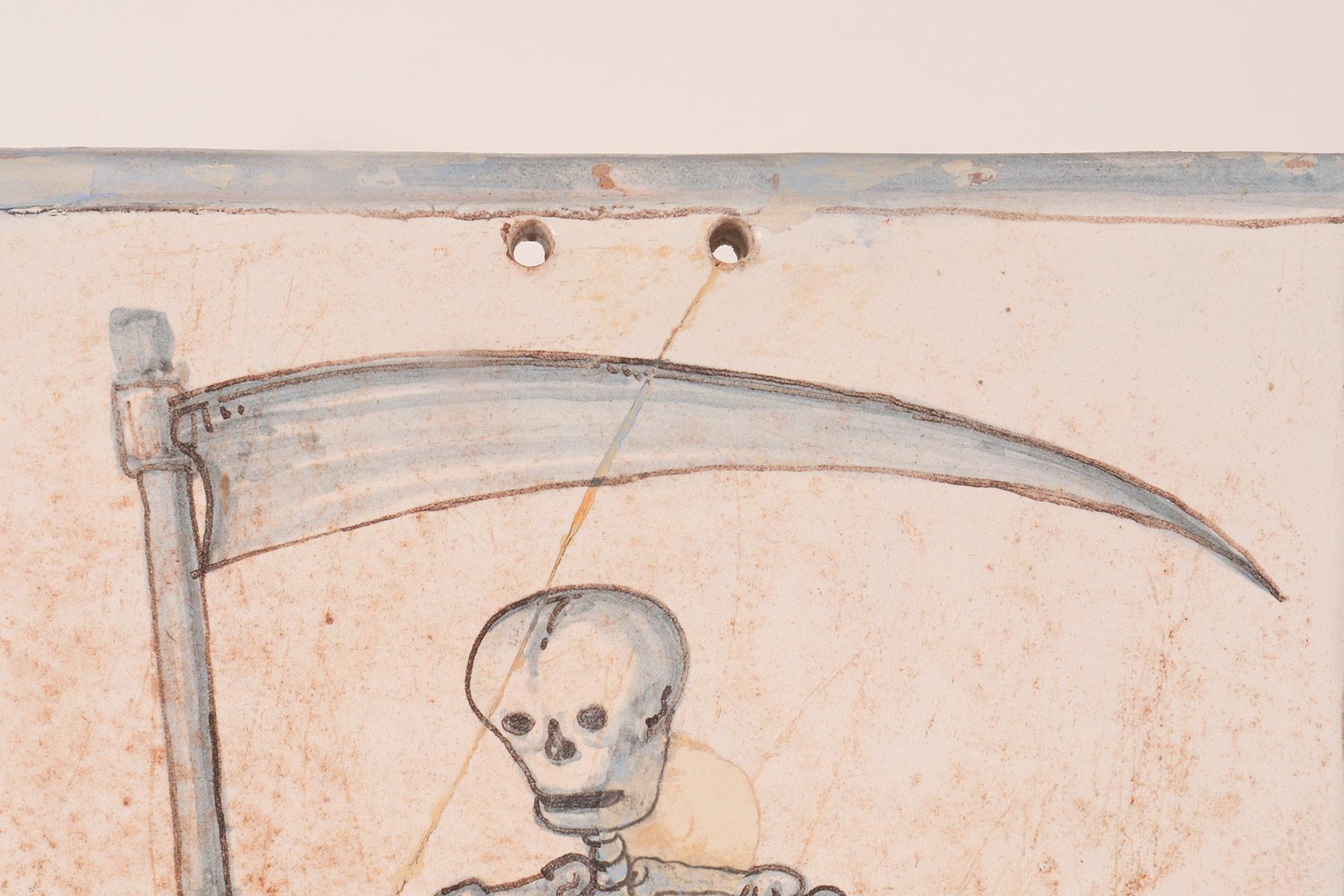 17th Century Memento mori: a skeleton, a scythe, an hourglass painted tile, Italy 1690. For Sale