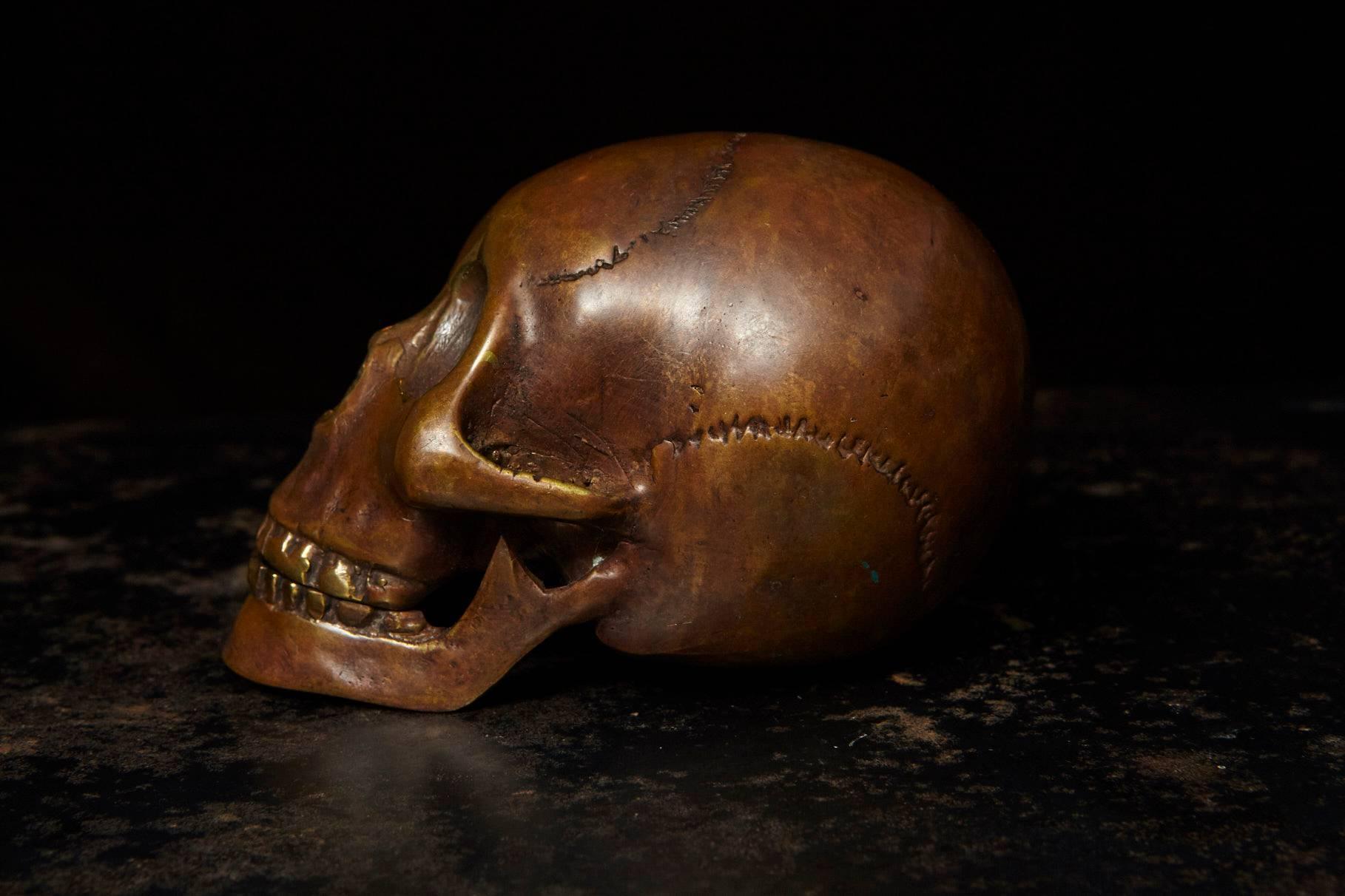 American Memento Mori Bronze Statue of a Human Skull