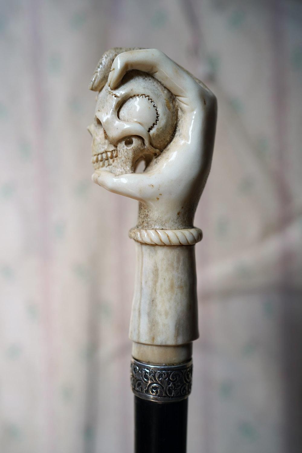 Memento Mori Ebonised & Carved Antler Walking Cane as a Skull c.1890-1900 2