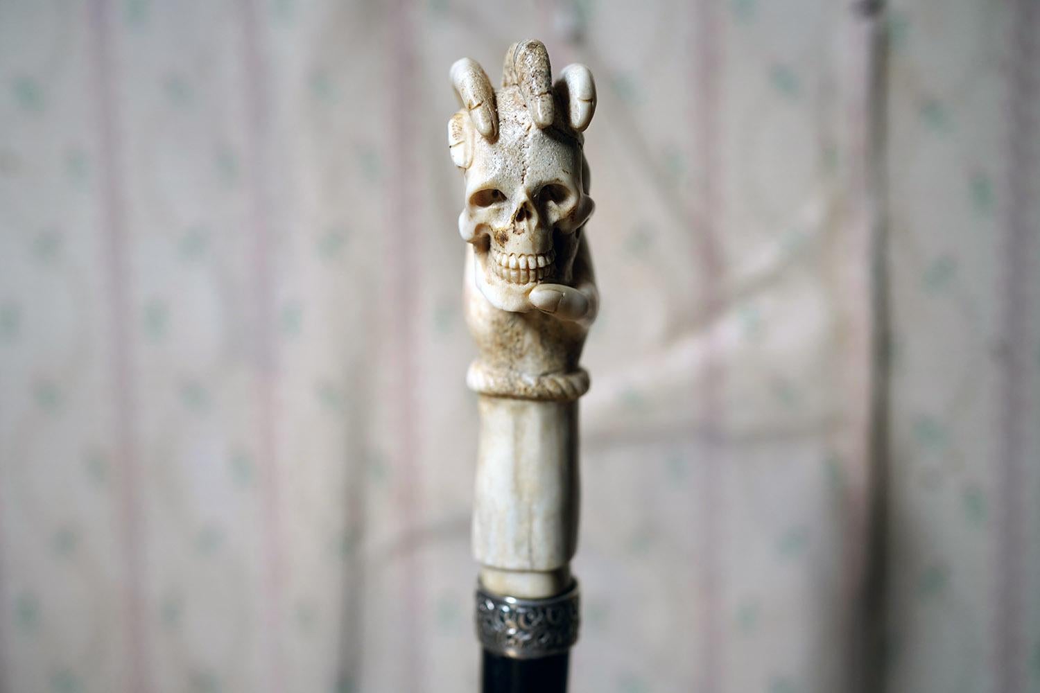 Memento Mori Ebonised & Carved Antler Walking Cane as a Skull c.1890-1900 7