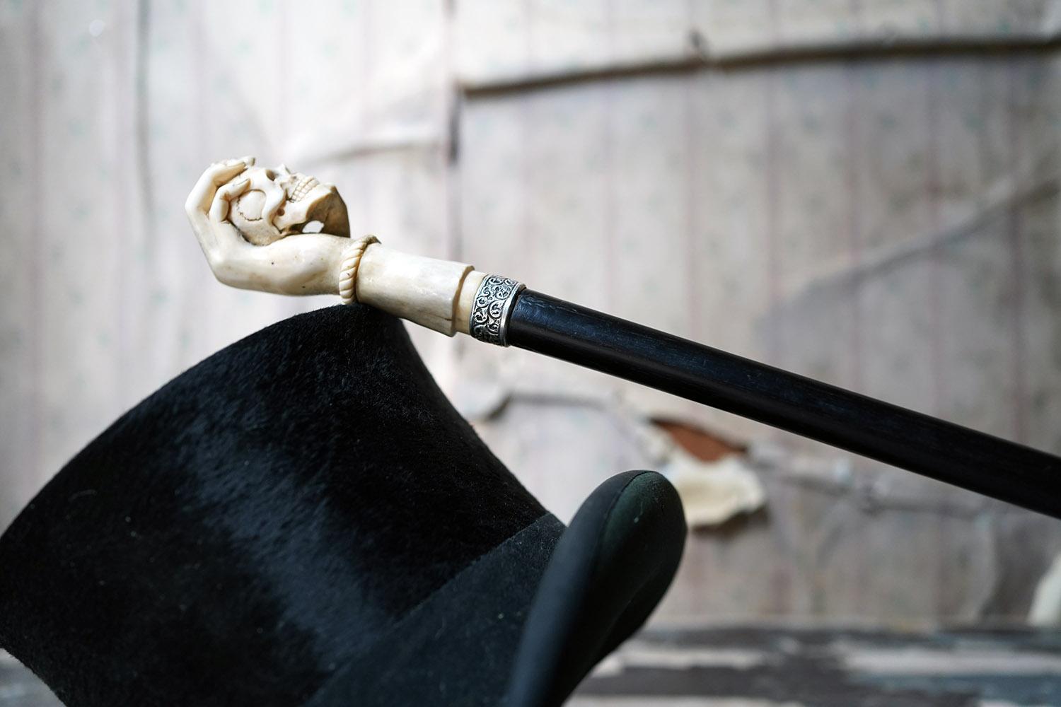 Memento Mori Ebonised & Carved Antler Walking Cane as a Skull c.1890-1900 8