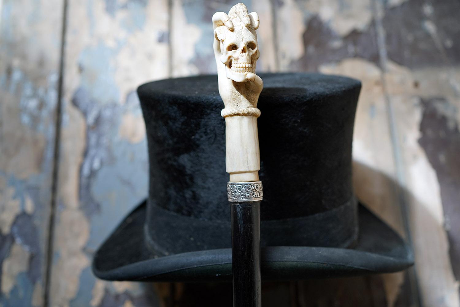 English Memento Mori Ebonised & Carved Antler Walking Cane as a Skull c.1890-1900