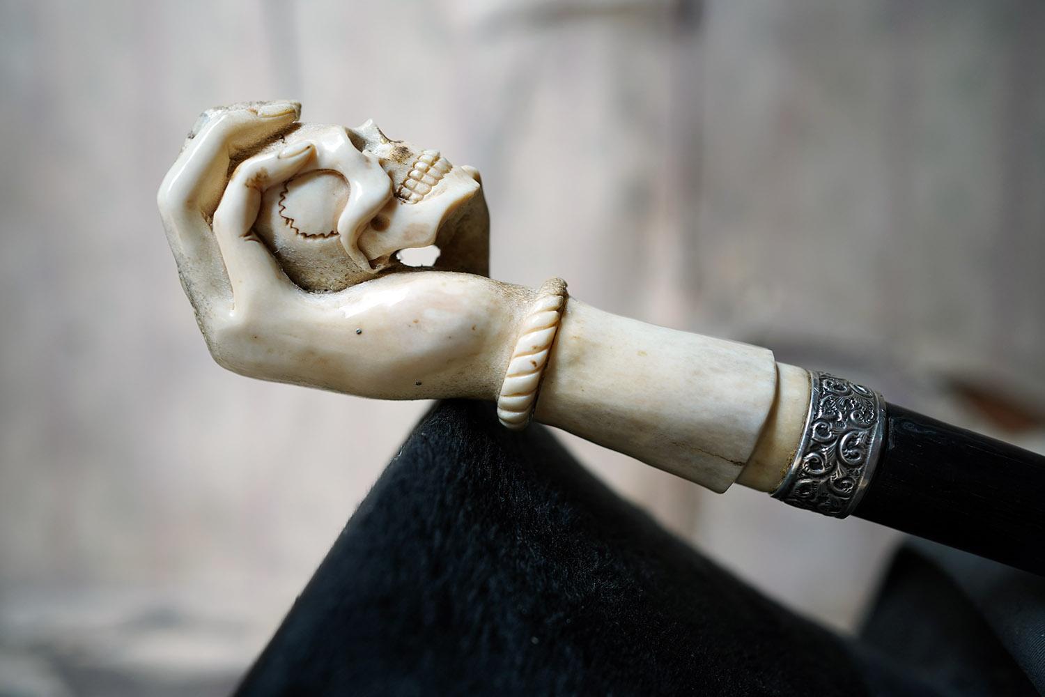 Hand-Carved Memento Mori Ebonised & Carved Antler Walking Cane as a Skull c.1890-1900