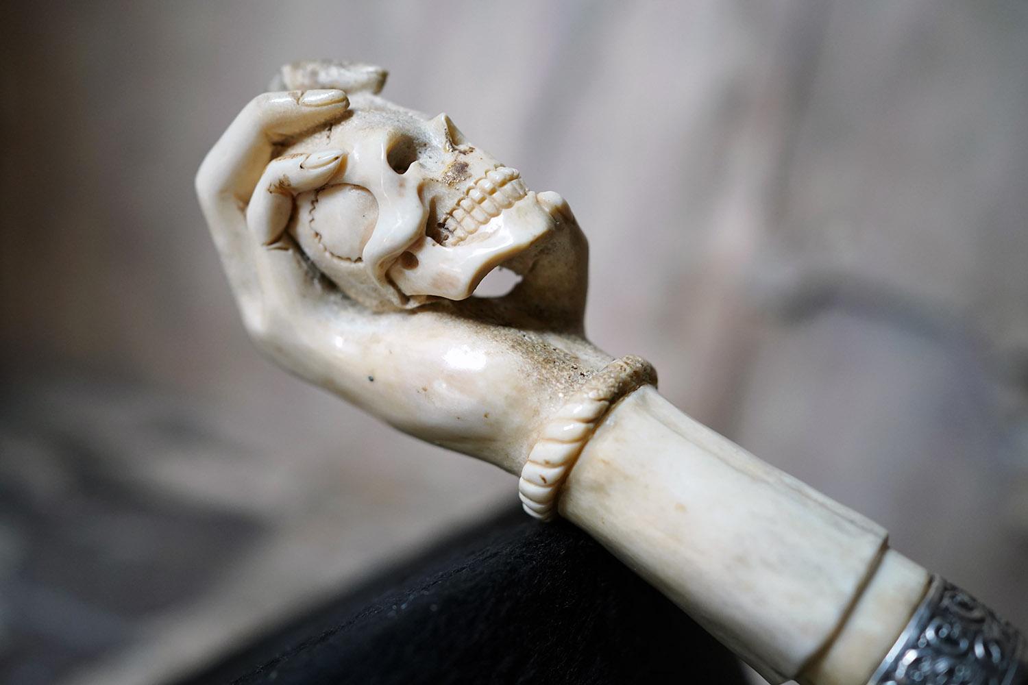 Memento Mori Ebonised & Carved Antler Walking Cane as a Skull c.1890-1900 1