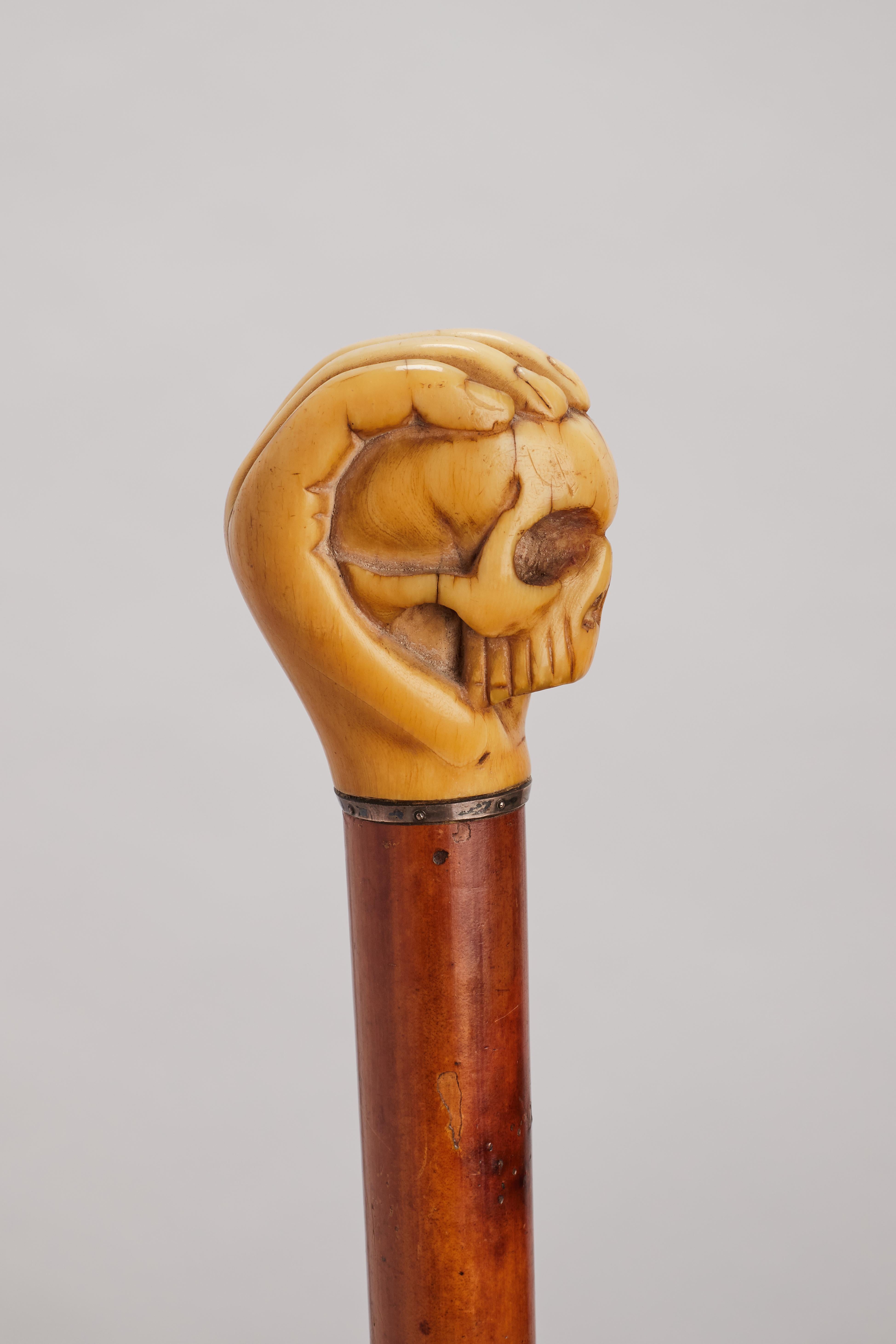 Memento mori ivory handle walking stick, Germany 1860.  For Sale 2