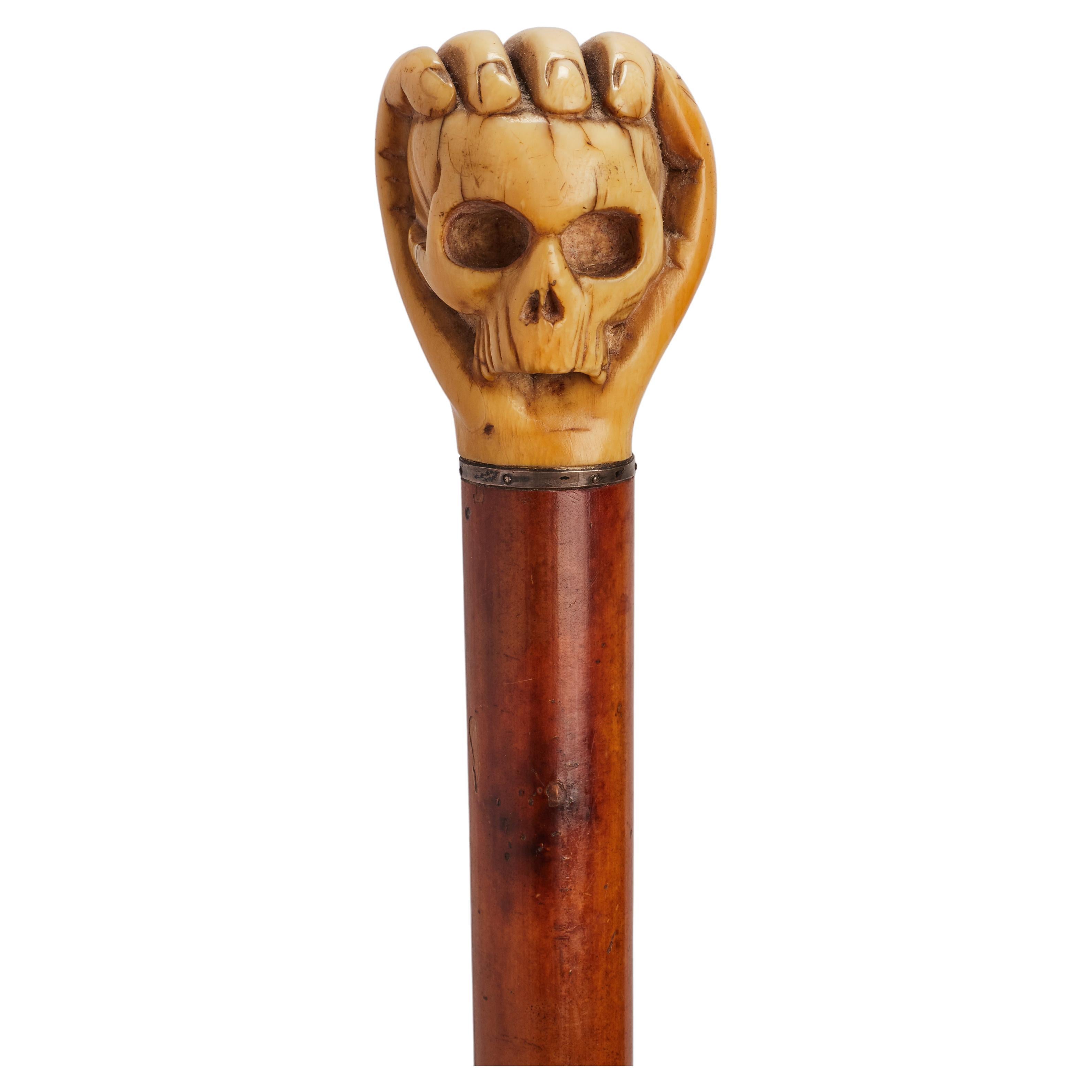 Memento mori ivory handle walking stick, Germany 1860.  For Sale