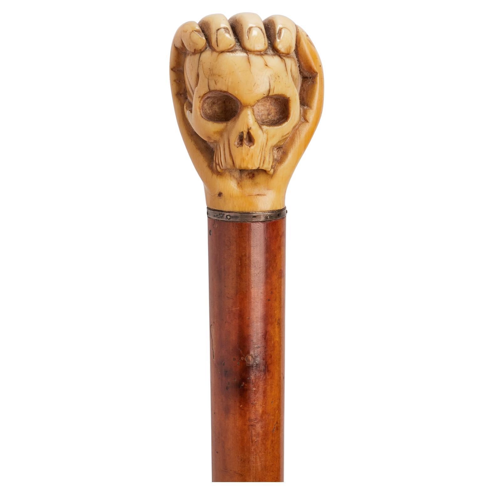 Memento mori ivory handle walking stick, Germany 1860. For Sale