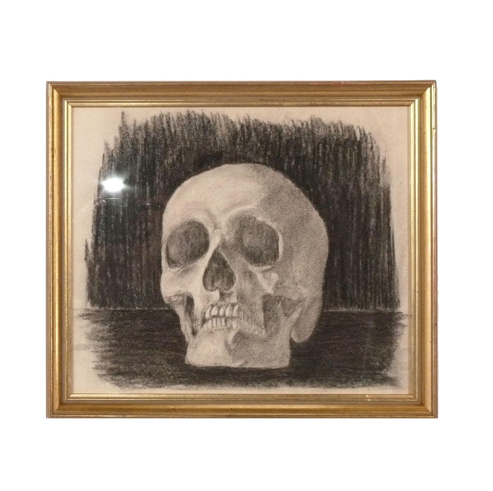 Paire de dessins originaux de crânes au fusain Memento Mori, France, vers le XIXe siècle. Ils mesurent 11,5 