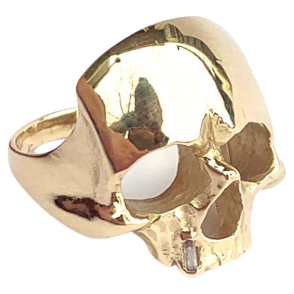 For Sale:  Memento Mori Skull Ring in 14k Gold with Diamond Tooth by Alex Jacques Designs