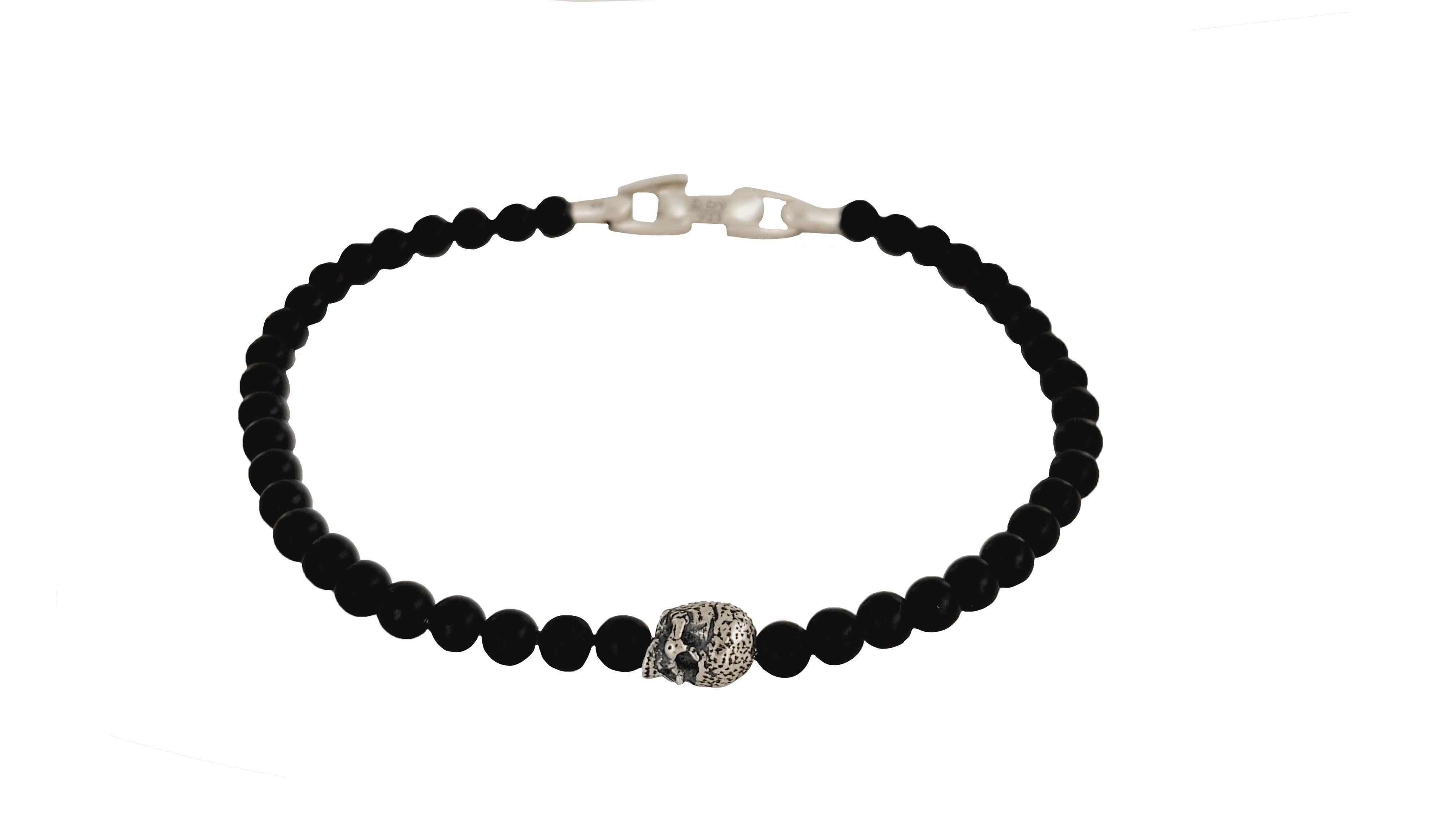 Memento Mori Skull Station Bracelet Sterling Silver with Black Onyx, 4mm In New Condition For Sale In New York, NY