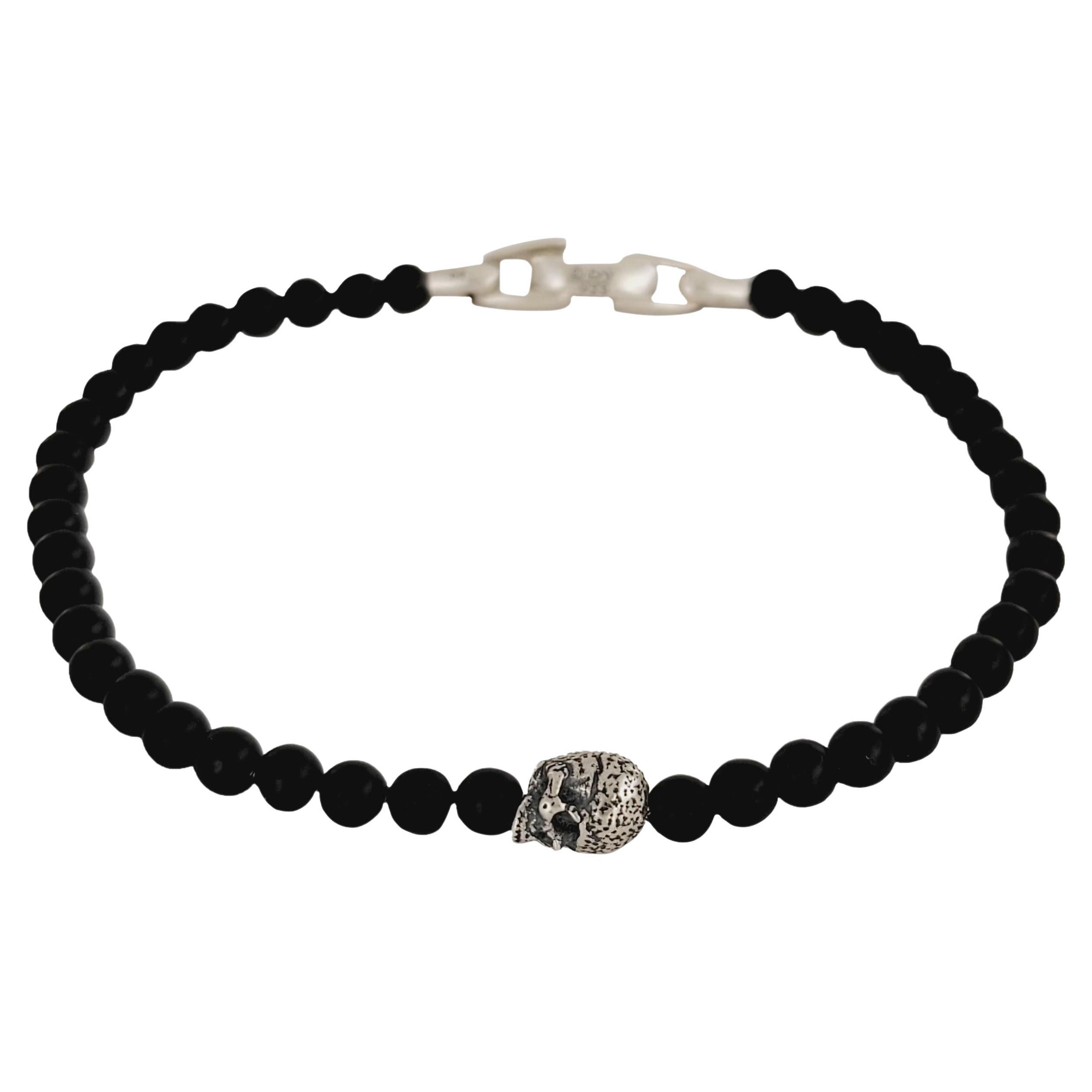 Memento Mori Skull Station Bracelet Sterling Silver with Black Onyx, 4mm