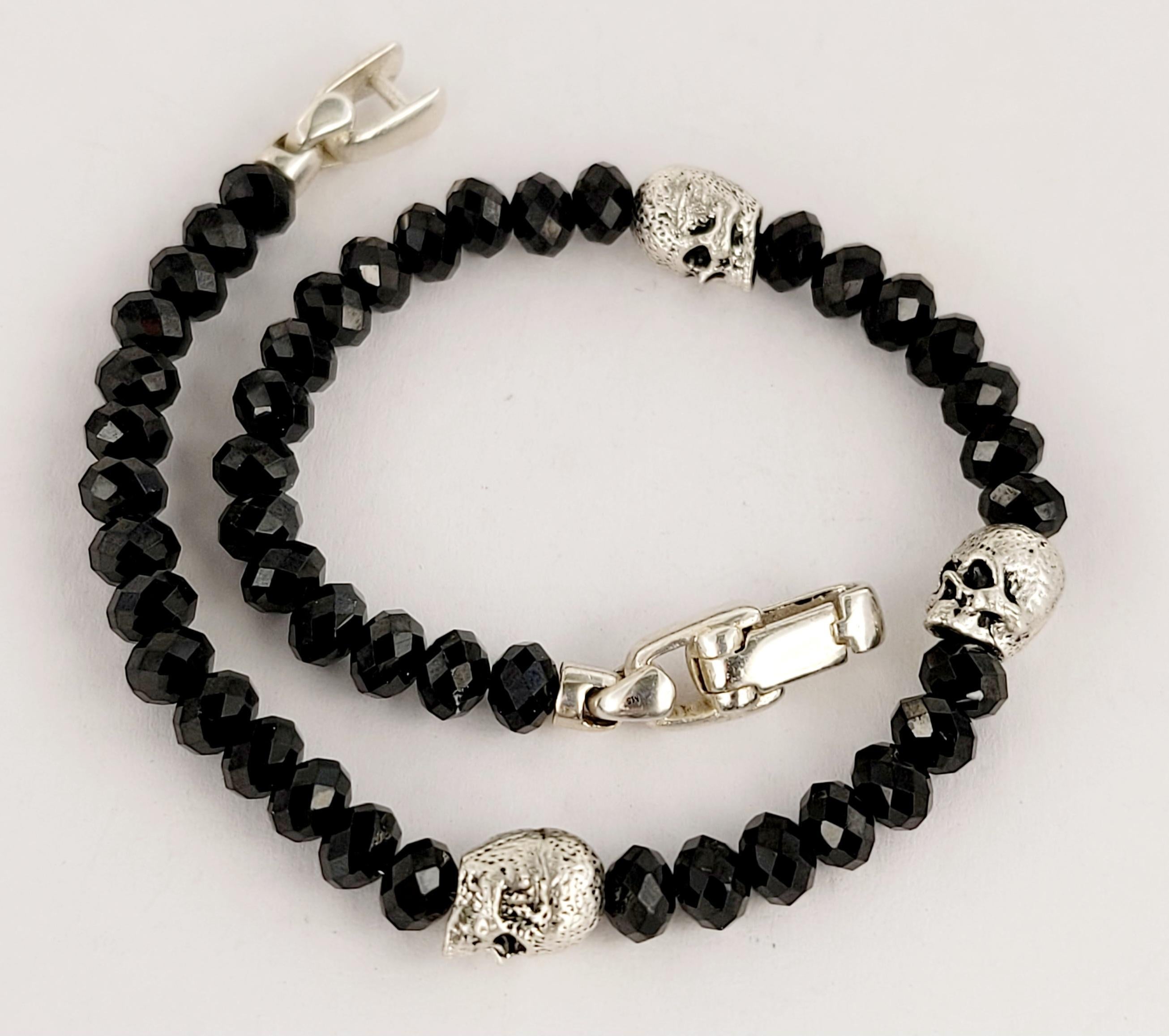 Round Cut Memento Mori Skull Station Bracelet Sterling Silver with Black Spinel, 5mm
