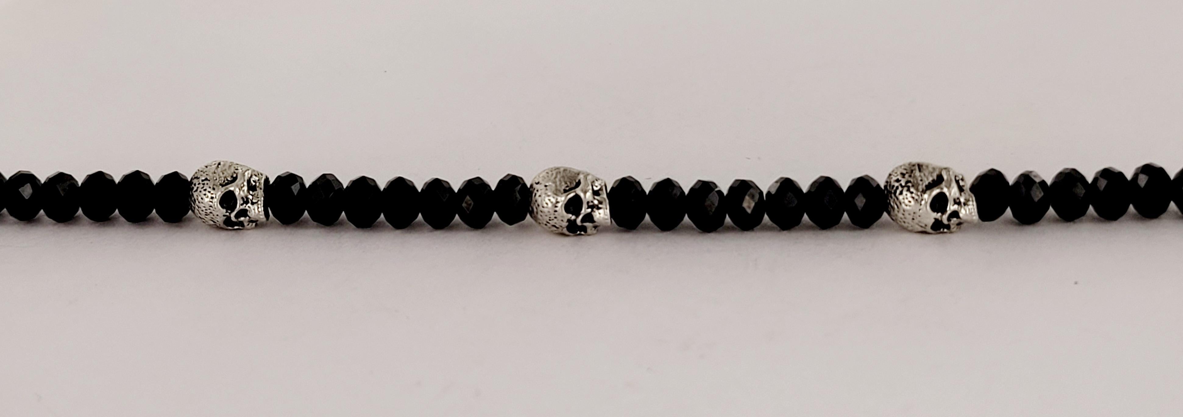 Memento Mori Skull Station Bracelet Sterling Silver with Black Spinel, 5mm In New Condition In New York, NY
