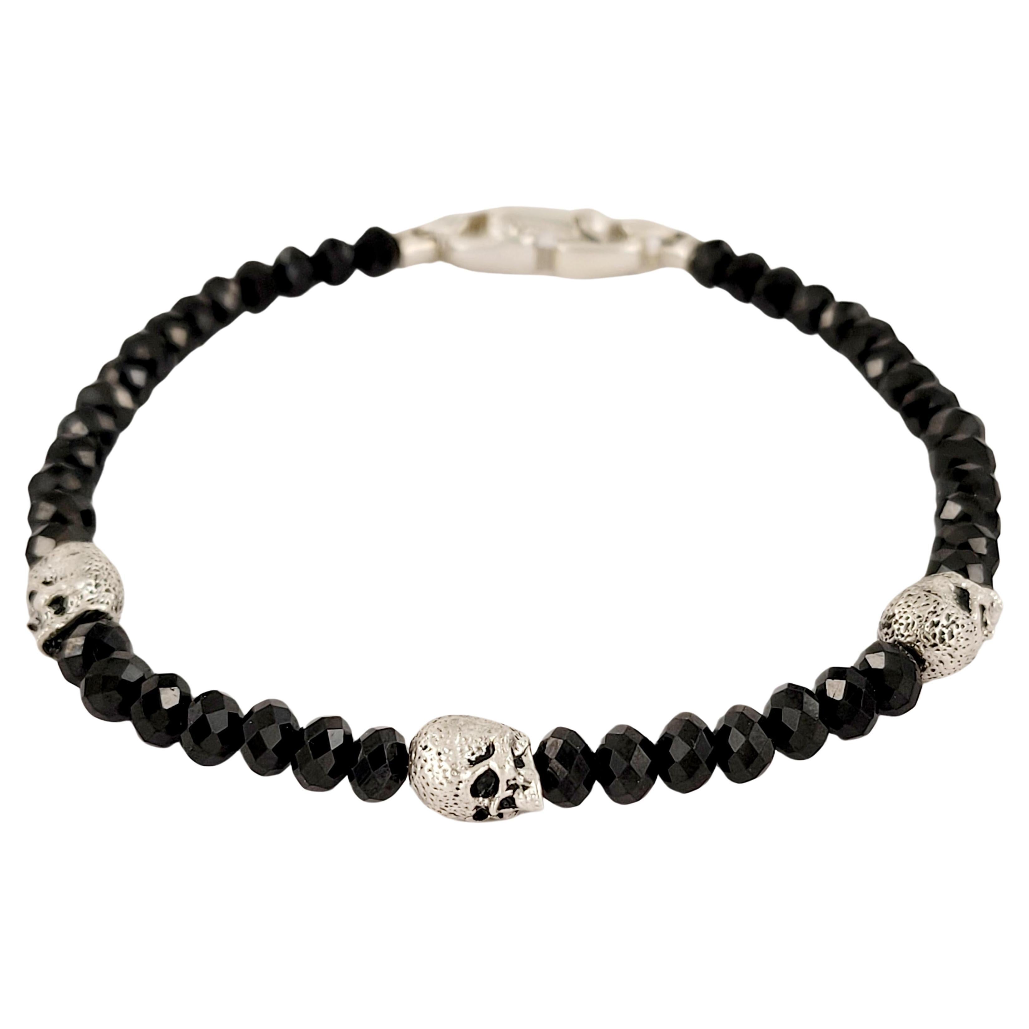 Memento Mori Skull Station Bracelet Sterling Silver with Black Spinel, 5mm For Sale