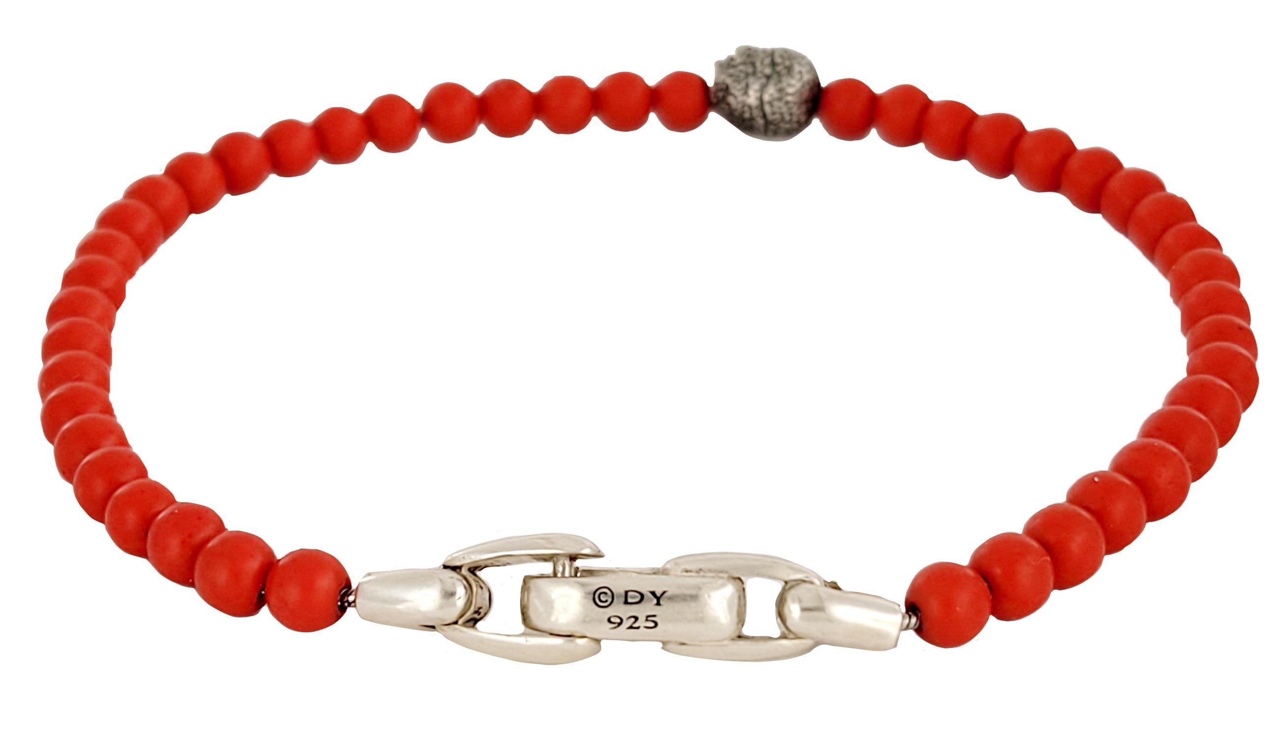 Men's Memento Mori Skull Station Bracelet Sterling Silver with Red Onyx, 4mm For Sale