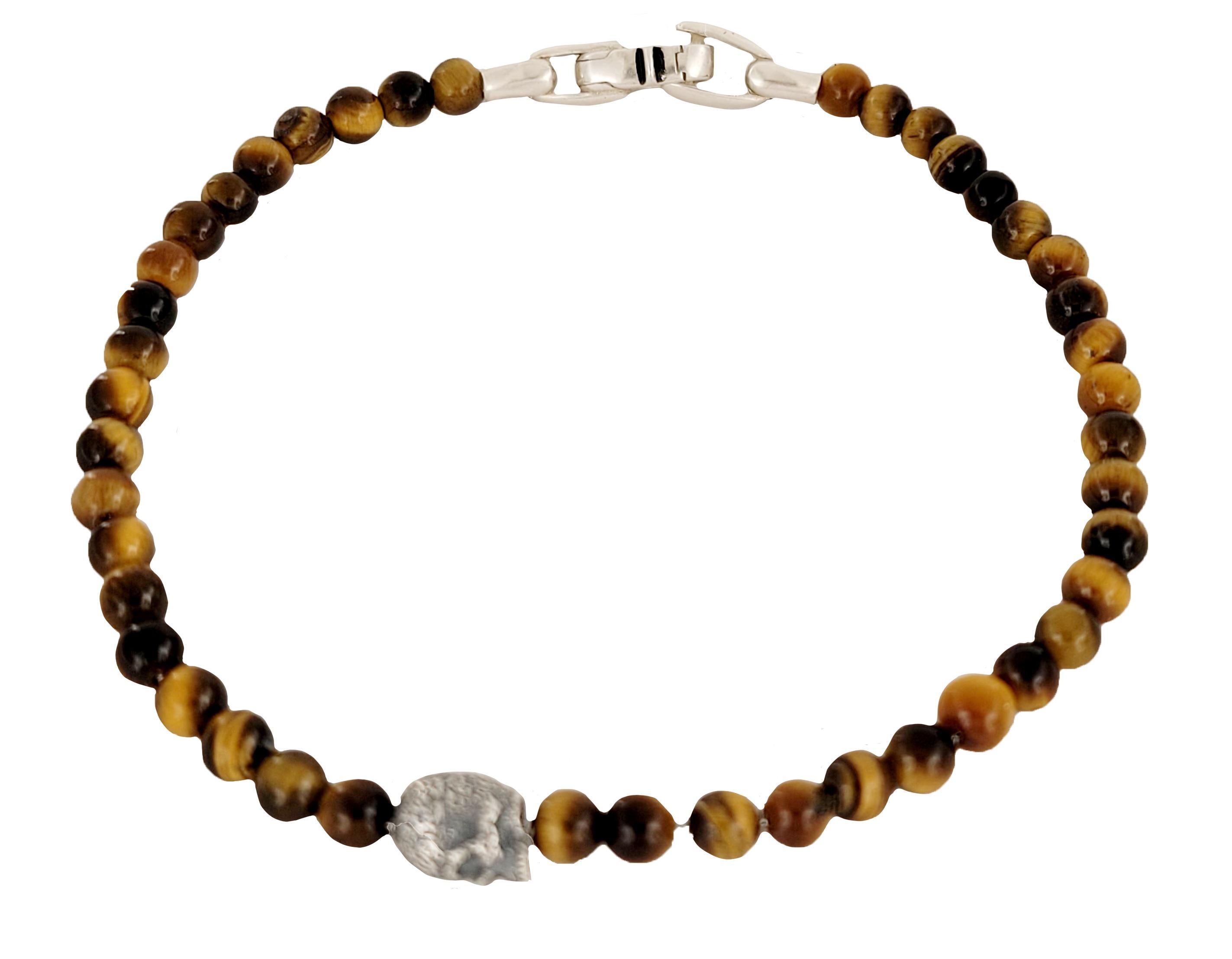 Memento Mori Skull Station Bracelet Sterling Silver with Tiger- Eye Onyx, 4mm In New Condition For Sale In New York, NY
