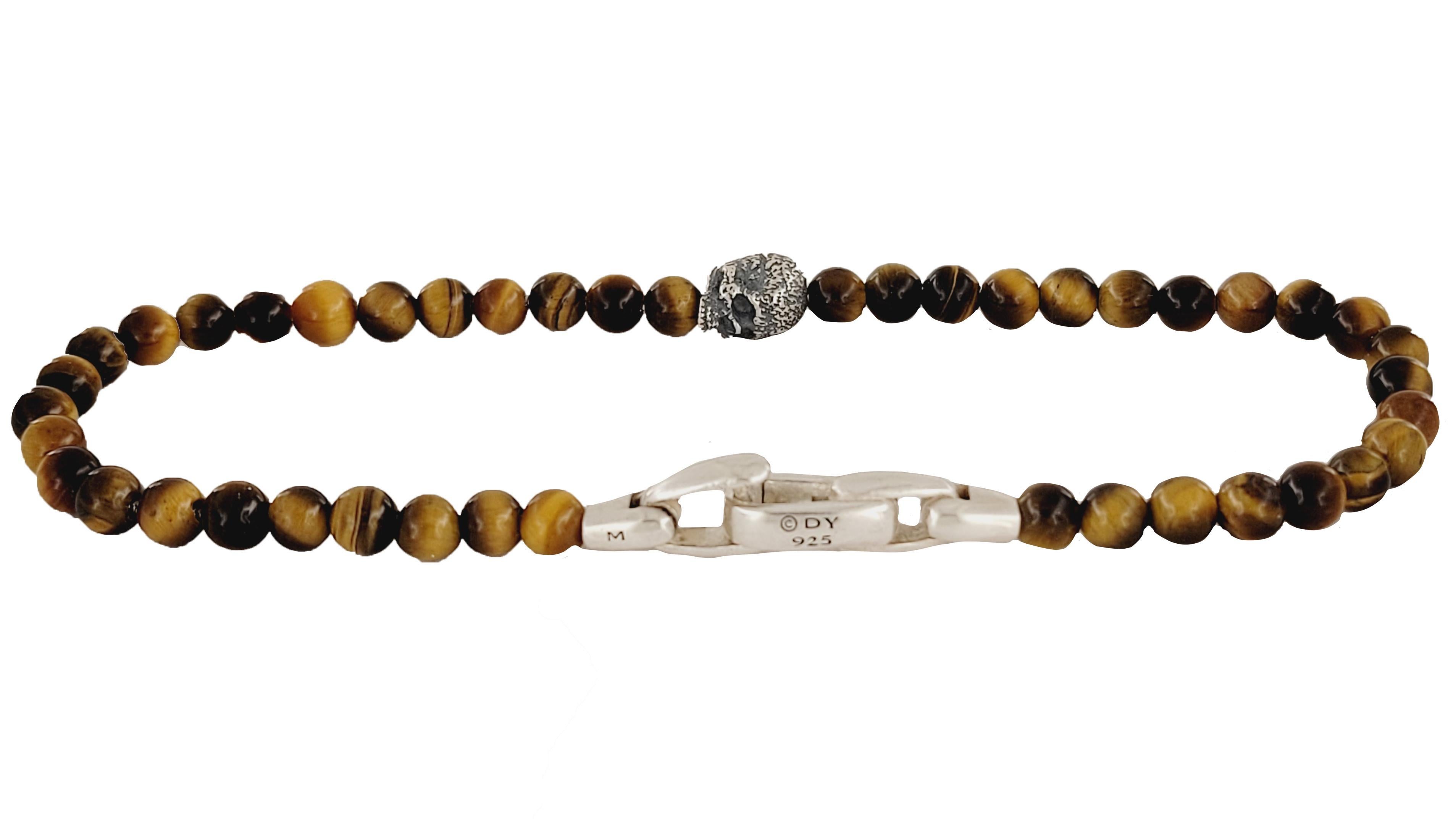 Men's Memento Mori Skull Station Bracelet Sterling Silver with Tiger- Eye Onyx, 4mm For Sale