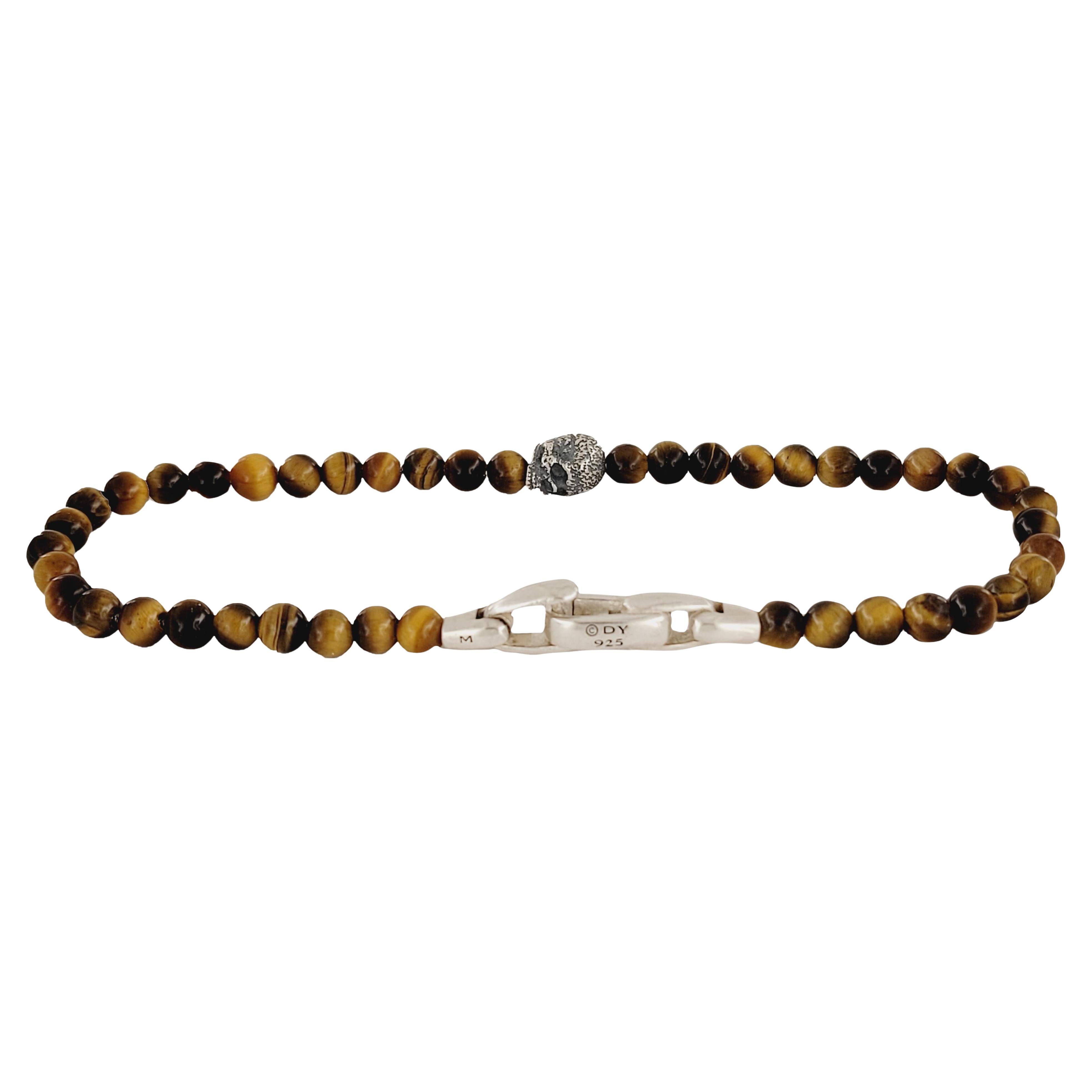Memento Mori Skull Station Bracelet Sterling Silver with Tiger- Eye Onyx, 4mm For Sale