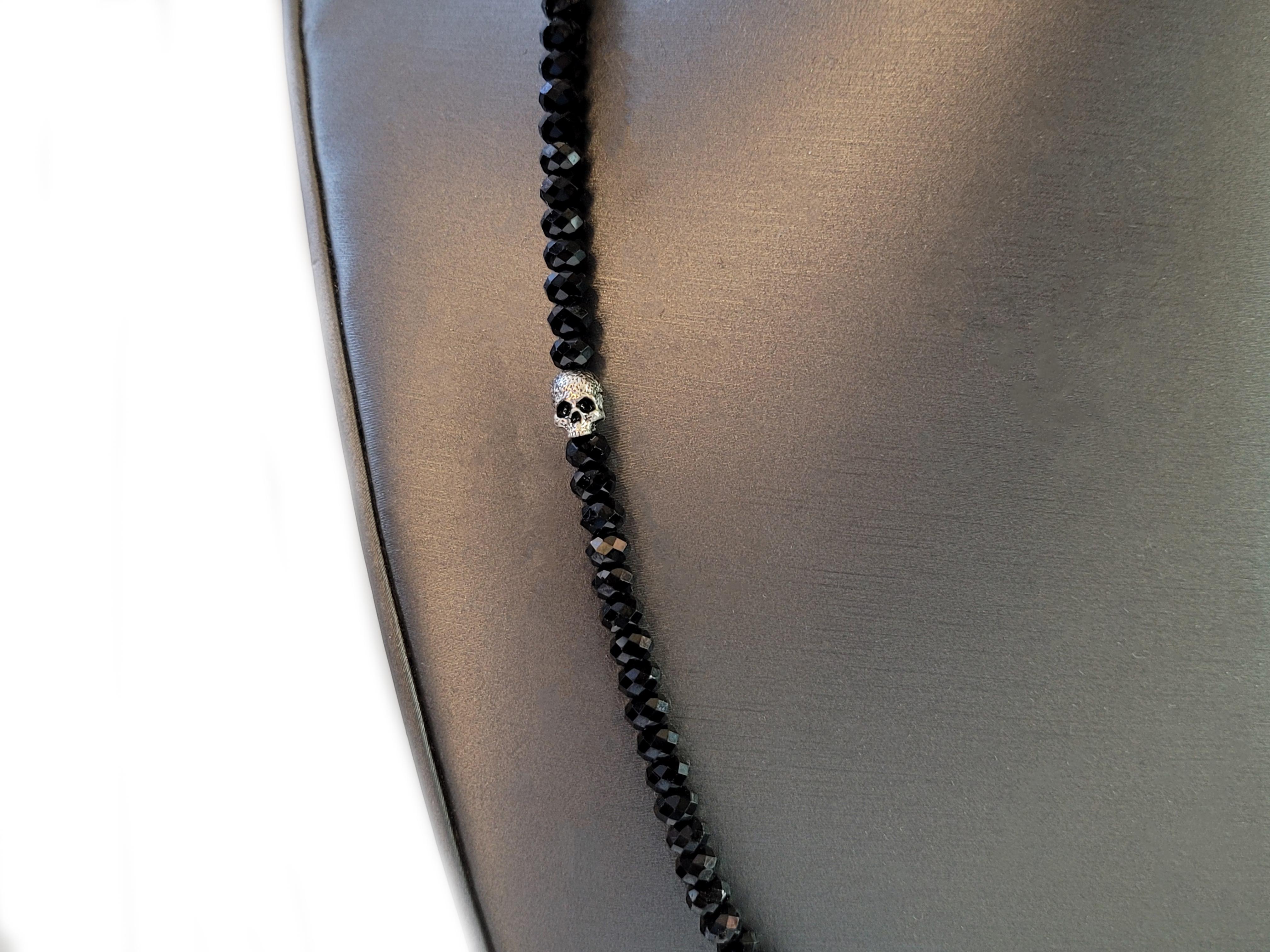 Round Cut Memento Mori Skull Station Necklace Sterling Silver with Black Spinel, 5mm For Sale