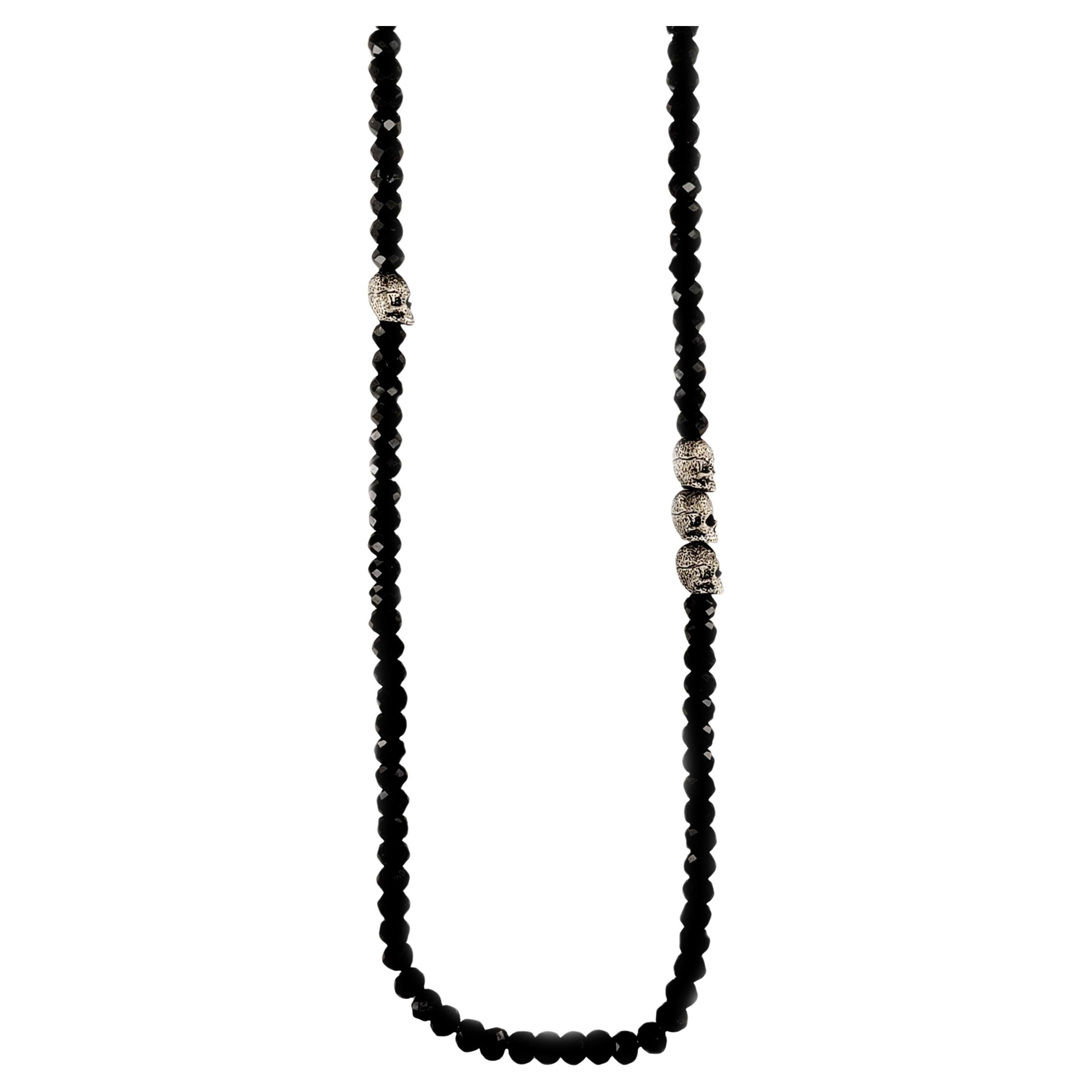 Memento Mori Skull Station Necklace Sterling Silver with Black Spinel, 5mm For Sale